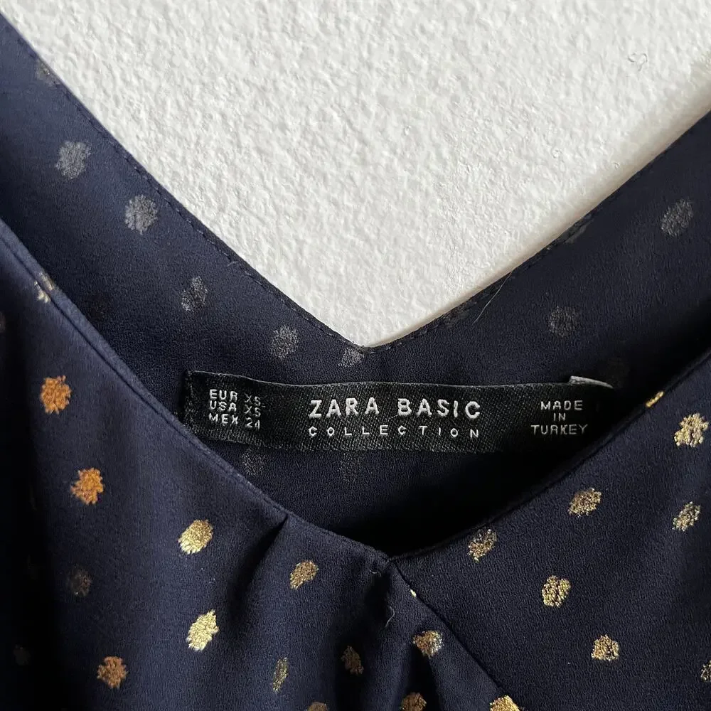 Zara Navy Gold Polka Dot Ruffle Tank Top Y2K Coquette Glam Academia‎ XS